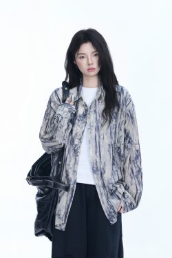 American Retro Tie-Dye Long Sleeve Shirt for Women - Summer Loose Lightweight Water Wave Pattern Sun Protection Top