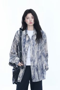 American Retro Tie-Dye Long Sleeve Shirt for Women - Summer Loose Lightweight Water Wave Pattern Sun Protection Top