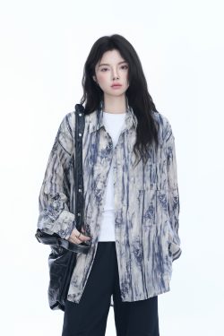 American Retro Tie-Dye Long Sleeve Shirt for Women - Summer Loose Lightweight Water Wave Pattern Sun Protection Top