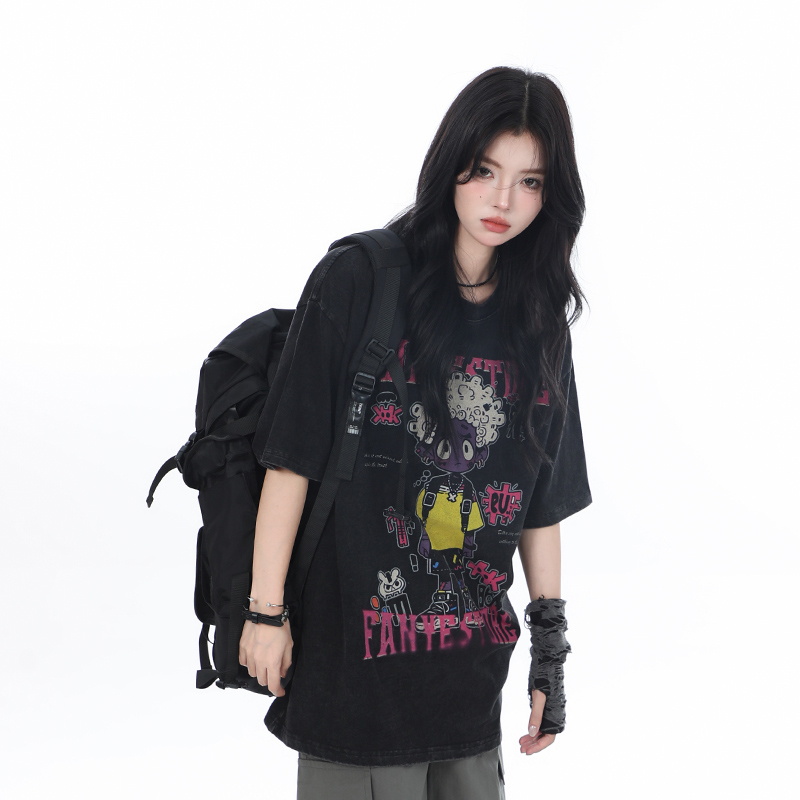 American Retro Trendy Women's Vintage Loose Fit Short Sleeve T-Shirt - "Sit and Eat Until the Mountains Are Empty," Heavy-Duty Cotton Summer Top American Retro Trendy Women's Vintage Loose Fit Short Sleeve T-Shirt - "Sit and Eat Until the Mountains Are Empty," Heavy-Duty Cotton Summer Top