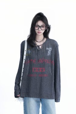 American Retro U-Neck Tie Long Sleeve T-Shirt for Women, Slightly Sheer Loose Fit, Vintage-Inspired Cover-Up Top