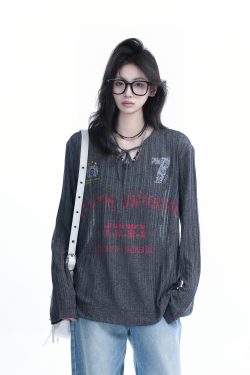 American Retro U-Neck Tie Long Sleeve T-Shirt for Women, Slightly Sheer Loose Fit, Vintage-Inspired Cover-Up Top