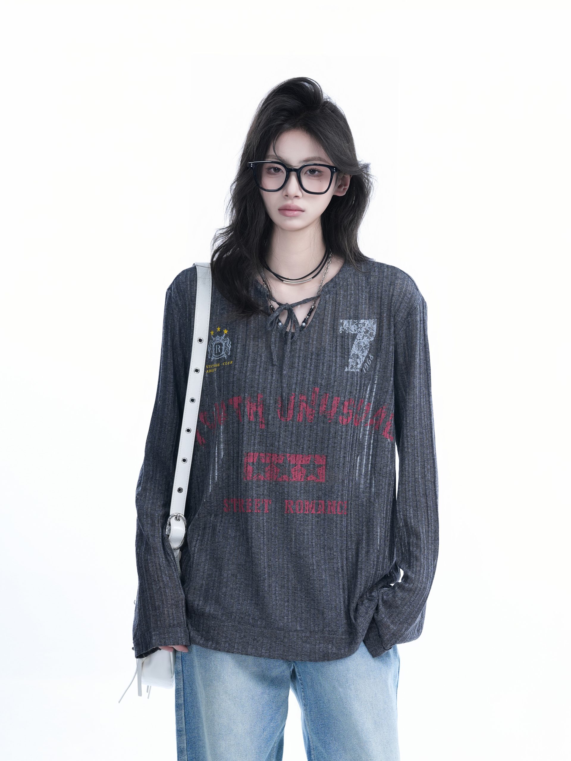 American Retro U-Neck Tie Long Sleeve T-Shirt for Women, Slightly Sheer Loose Fit, Vintage-Inspired Cover-Up Top American Retro U-Neck Tie Long Sleeve T-Shirt for Women, Slightly Sheer Loose Fit, Vintage-Inspired Cover-Up Top