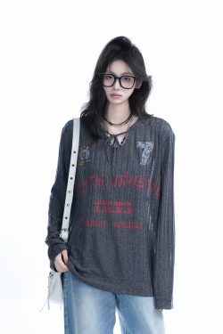 American Retro U-Neck Tie Long Sleeve T-Shirt for Women, Slightly Sheer Loose Fit, Vintage-Inspired Cover-Up Top