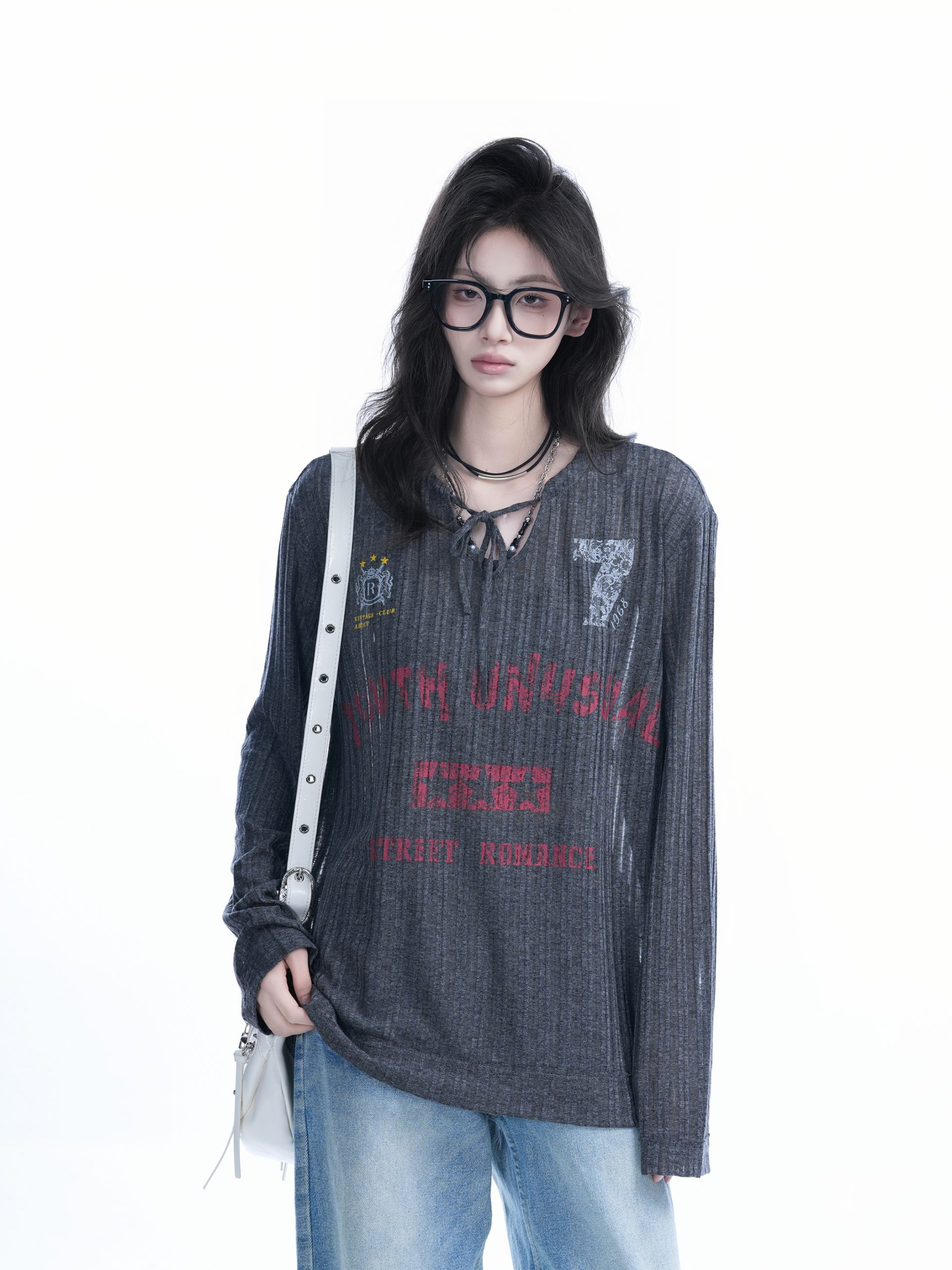 American Retro U-Neck Tie Long Sleeve T-Shirt for Women, Slightly Sheer Loose Fit, Vintage-Inspired Cover-Up Top American Retro U-Neck Tie Long Sleeve T-Shirt for Women, Slightly Sheer Loose Fit, Vintage-Inspired Cover-Up Top