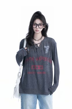 American Retro U-Neck Tie Long Sleeve T-Shirt for Women, Slightly Sheer Loose Fit, Vintage-Inspired Cover-Up Top