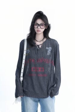 American Retro U-Neck Tie Long Sleeve T-Shirt for Women, Slightly Sheer Loose Fit, Vintage-Inspired Cover-Up Top