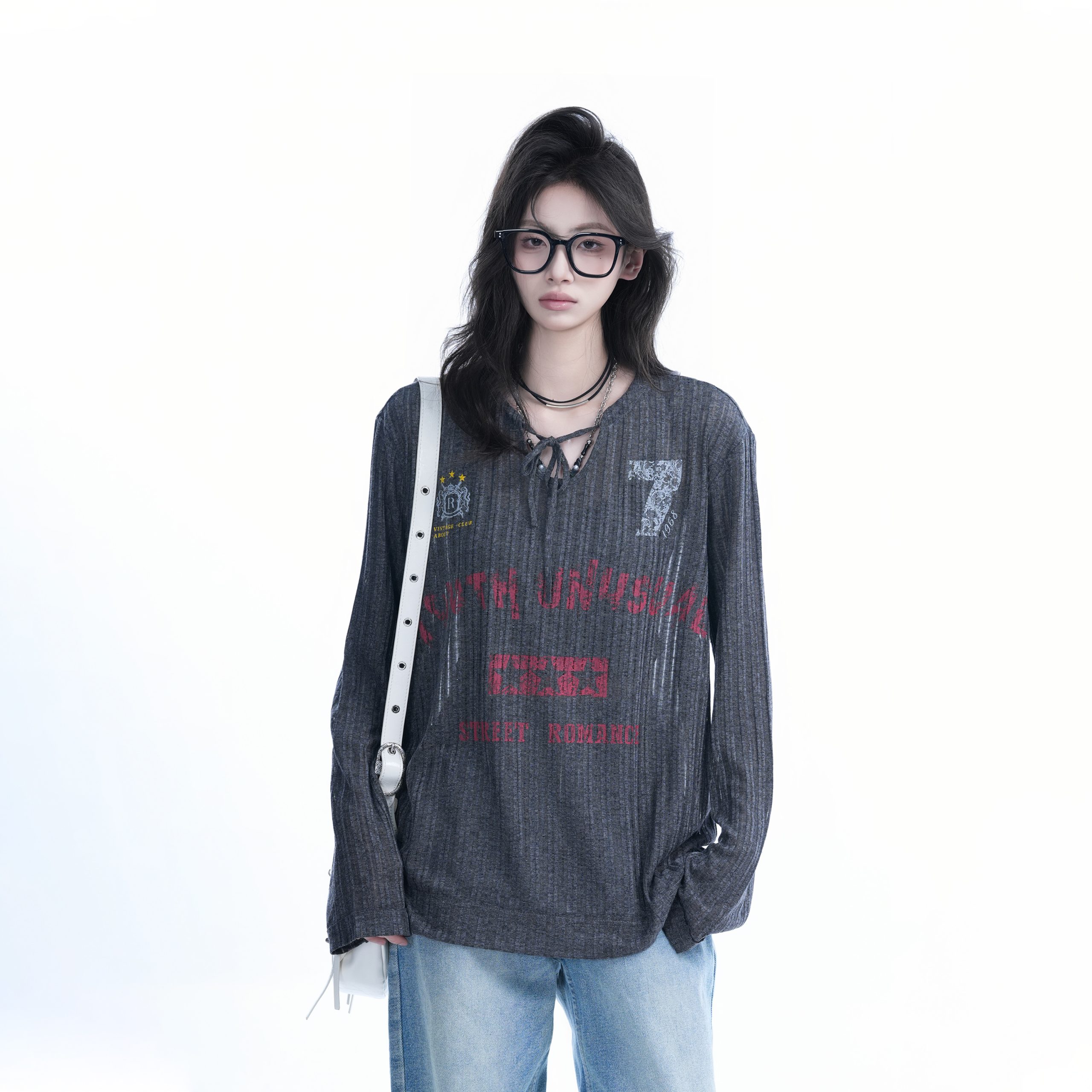 American Retro U-Neck Tie Long Sleeve T-Shirt for Women, Slightly Sheer Loose Fit, Vintage-Inspired Cover-Up Top American Retro U-Neck Tie Long Sleeve T-Shirt for Women, Slightly Sheer Loose Fit, Vintage-Inspired Cover-Up Top