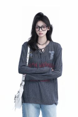 American Retro U-Neck Tie Long Sleeve T-Shirt for Women, Slightly Sheer Loose Fit, Vintage-Inspired Cover-Up Top