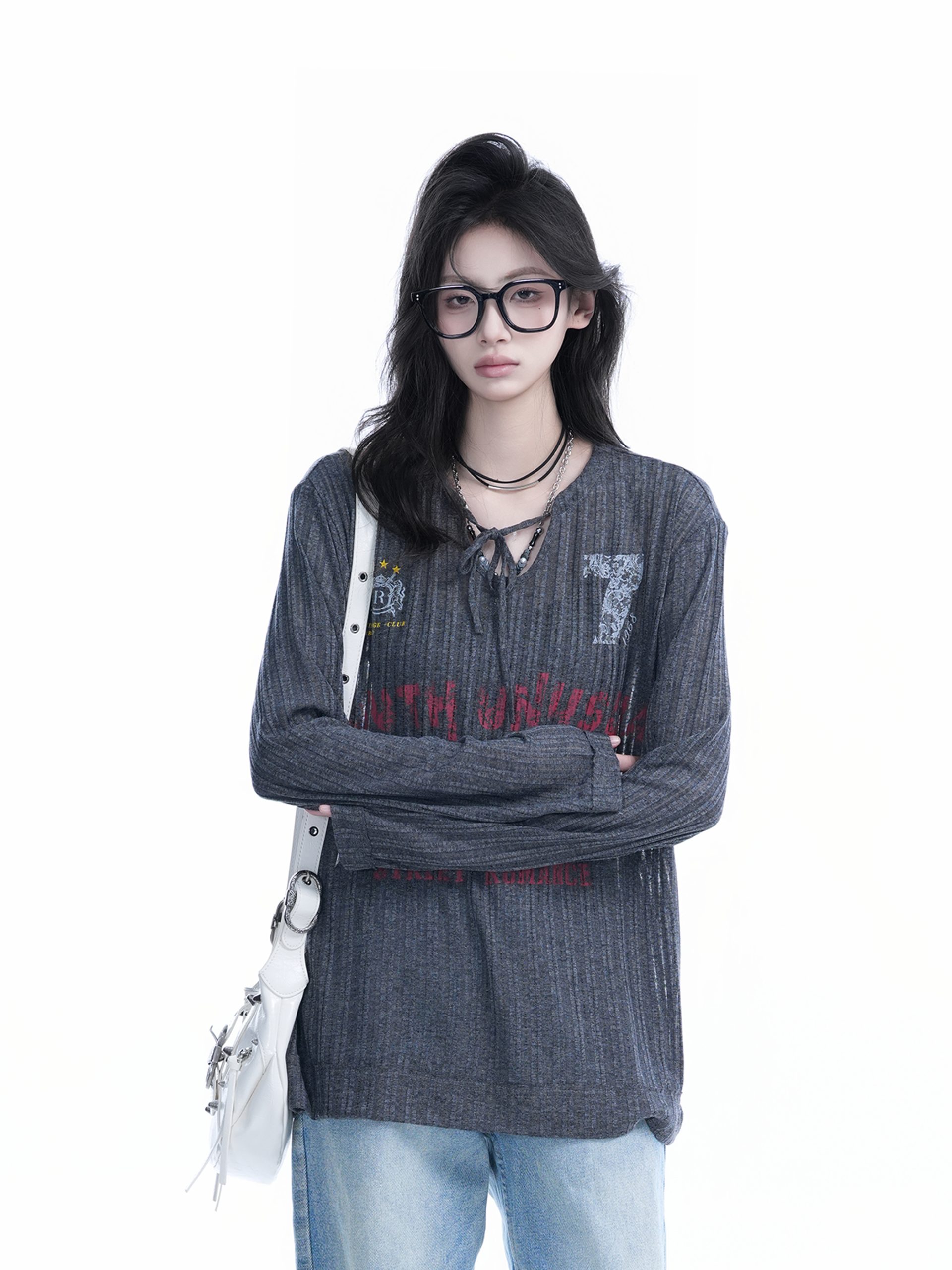 American Retro U-Neck Tie Long Sleeve T-Shirt for Women, Slightly Sheer Loose Fit, Vintage-Inspired Cover-Up Top American Retro U-Neck Tie Long Sleeve T-Shirt for Women, Slightly Sheer Loose Fit, Vintage-Inspired Cover-Up Top