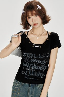 American Retro V-Neck Short Sleeve T-Shirt for Women - Summer Slim Fit Top, Millennial Style, Y2K Fashion