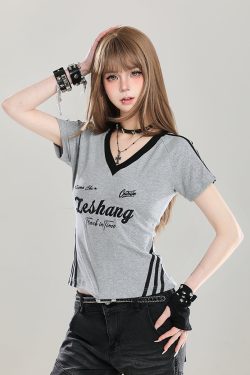 American Retro V-Neck Short Sleeve T-Shirt for Women - Summer Slim Fit Top, Unique Design, Trendy Spicy Girl Style