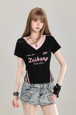 American Retro V-Neck Short Sleeve T-Shirt for Women - Summer Slim Fit Top, Unique Design, Trendy Spicy Girl Style