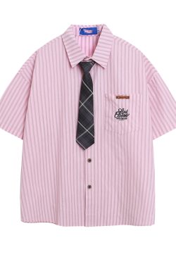 American Retro Vertical Striped Short-Sleeve Shirt for Women with Embroidered Letters - Artistic College Style Top