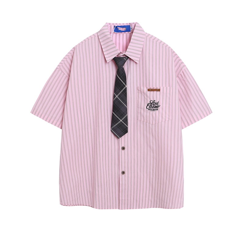 American Retro Vertical Striped Short-Sleeve Shirt for Women with Embroidered Letters - Artistic College Style Top American Retro Vertical Striped Short-Sleeve Shirt for Women with Embroidered Letters - Artistic College Style Top