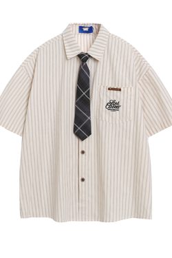 American Retro Vertical Striped Short-Sleeve Shirt for Women with Embroidered Letters - Artistic College Style Top