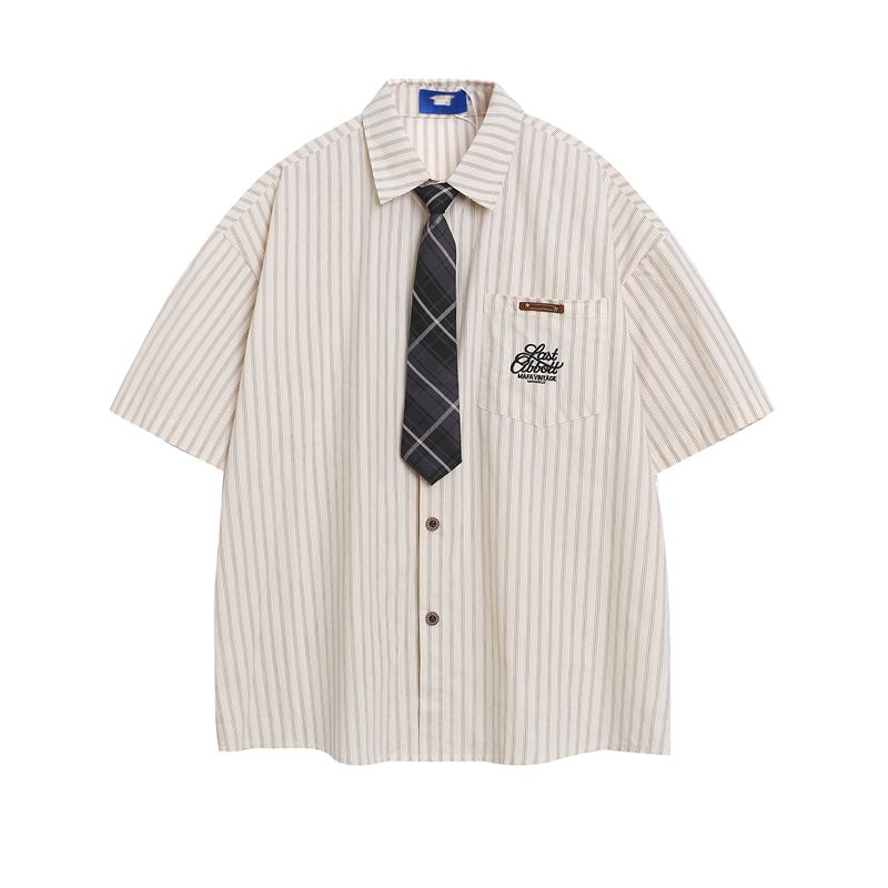 American Retro Vertical Striped Short-Sleeve Shirt for Women with Embroidered Letters - Artistic College Style Top American Retro Vertical Striped Short-Sleeve Shirt for Women with Embroidered Letters - Artistic College Style Top