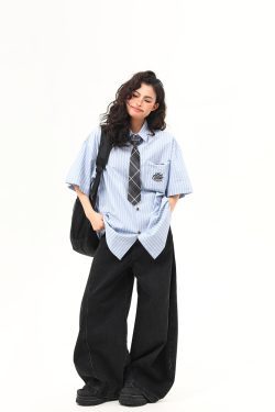 American Retro Vertical Striped Short-Sleeve Shirt for Women with Embroidered Letters - Artistic College Style Top