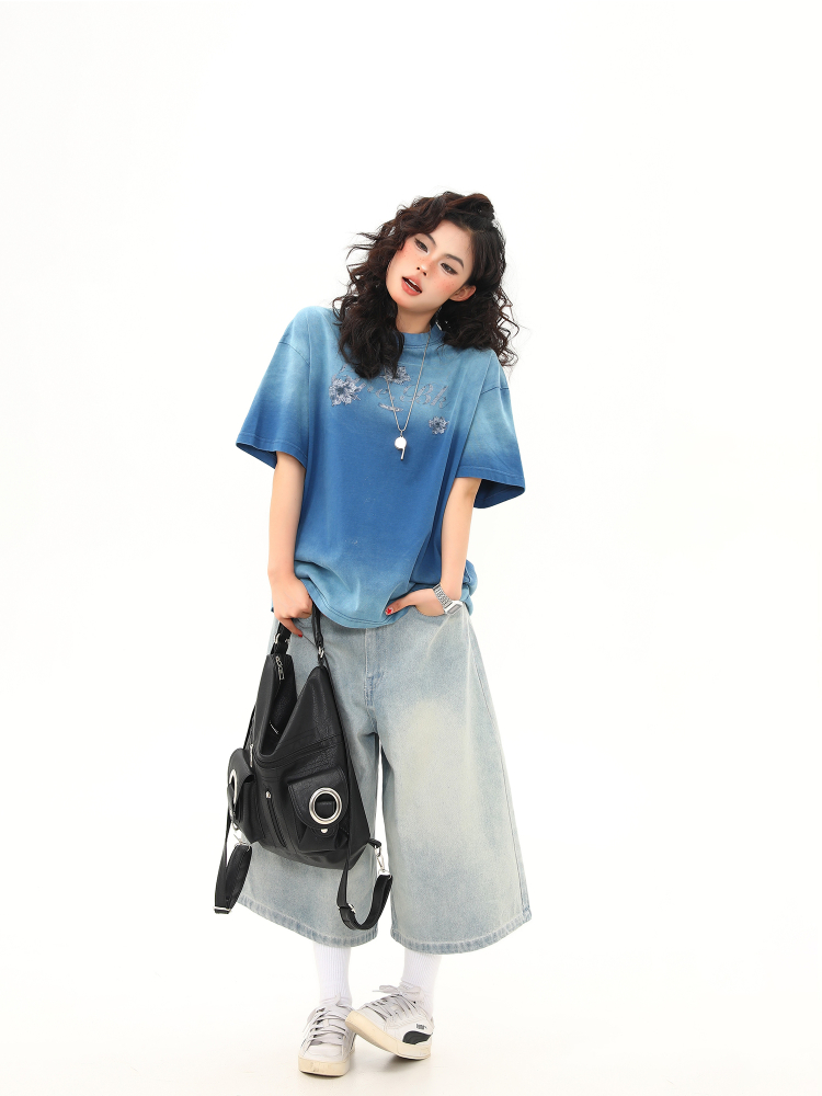 American Retro Washed Gradient Heavyweight Short-Sleeve T-Shirt for Women - Summer Versatile Loose Fit Top, Y2K Style American Retro Washed Gradient Heavyweight Short-Sleeve T-Shirt for Women - Summer Versatile Loose Fit Top, Y2K Style