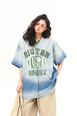 American Retro Washed Gradient Letter Denim Short-Sleeve T-Shirt for Women - College Style Loose Versatile Top