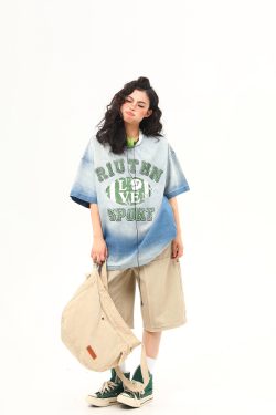 American Retro Washed Gradient Letter Denim Short-Sleeve T-Shirt for Women - College Style Loose Versatile Top