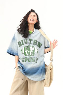 American Retro Washed Gradient Letter Denim Short-Sleeve T-Shirt for Women - College Style Loose Versatile Top