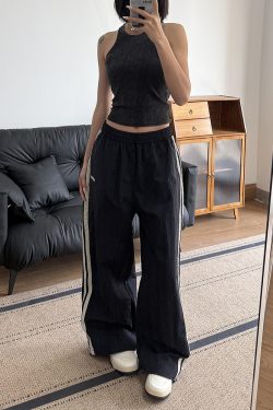 American Retro Wide-Leg Casual Pants for Women - Summer 2025 Loose Fit Side Stripe Quick-Dry Sports Trousers