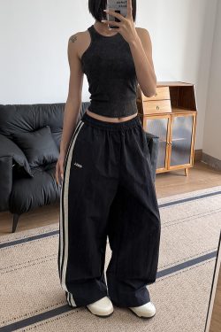 American Retro Wide-Leg Casual Pants for Women - Summer 2025 Loose Fit Side Stripe Quick-Dry Sports Trousers