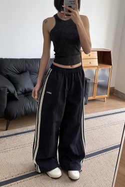American Retro Wide-Leg Casual Pants for Women - Summer 2025 Loose Fit Side Stripe Quick-Dry Sports Trousers