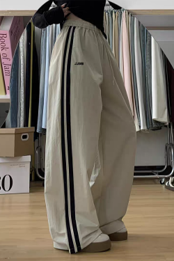 American Retro Wide-Leg Casual Pants for Women - Summer 2025 Loose Fit Side Stripe Quick-Dry Sports Trousers