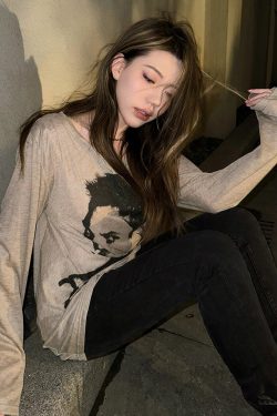 American Street Style Long Sleeve Women's Summer Portrait Print Sun Protection Loose T-Shirt Top for Hot Girls