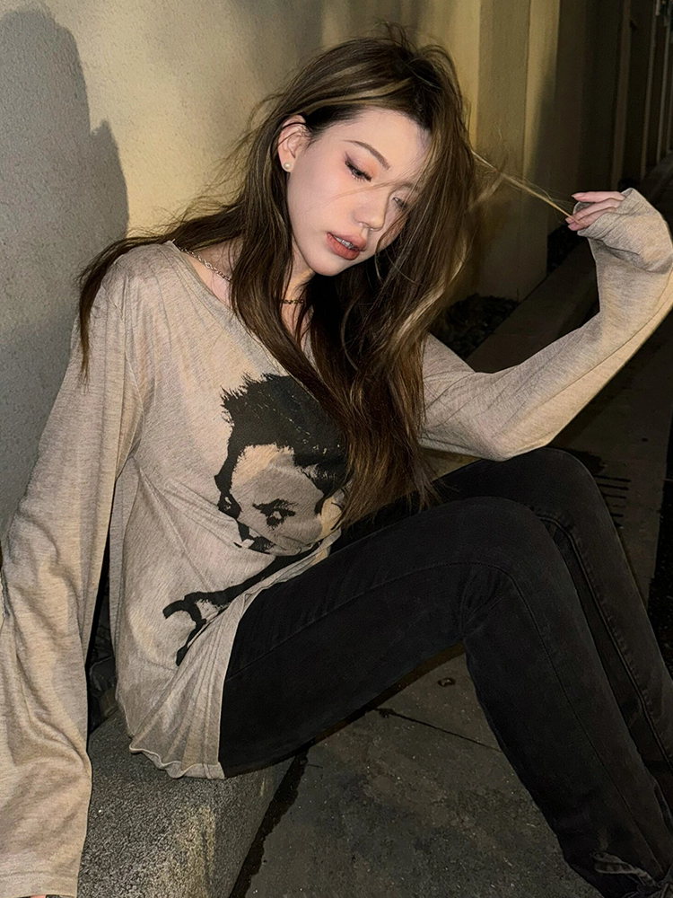 American Street Style Long Sleeve Women's Summer Portrait Print Sun Protection Loose T-Shirt Top for Hot Girls American Street Style Long Sleeve Women's Summer Portrait Print Sun Protection Loose T-Shirt Top for Hot Girls