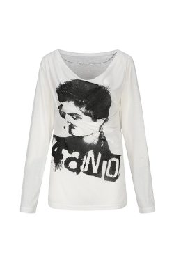 American Street Style Long Sleeve Women's Summer Portrait Print Sun Protection Loose T-Shirt Top for Hot Girls