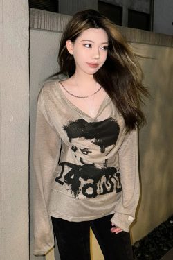 American Street Style Long Sleeve Women's Summer Portrait Print Sun Protection Loose T-Shirt Top for Hot Girls