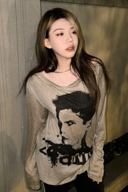 American Street Style Long Sleeve Women's Summer Portrait Print Sun Protection Loose T-Shirt Top for Hot Girls