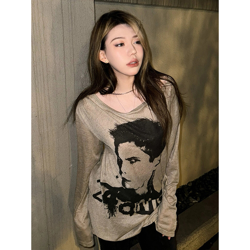 American Street Style Long Sleeve Women's Summer Portrait Print Sun Protection Loose T-Shirt Top for Hot Girls American Street Style Long Sleeve Women's Summer Portrait Print Sun Protection Loose T-Shirt Top for Hot Girls