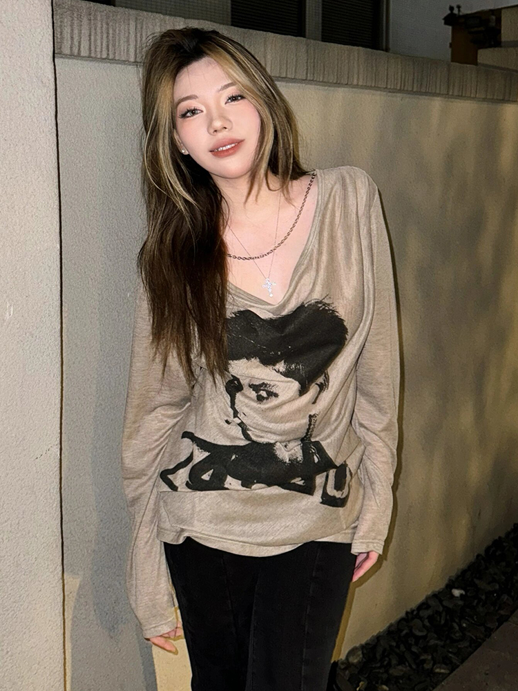 American Street Style Long Sleeve Women's Summer Portrait Print Sun Protection Loose T-Shirt Top for Hot Girls American Street Style Long Sleeve Women's Summer Portrait Print Sun Protection Loose T-Shirt Top for Hot Girls
