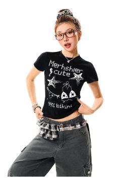 American Style Fun Pixel Print Short Sleeve T-Shirt for Women - Summer Slim Fit Cropped Top, Trendy Y2K Fashion