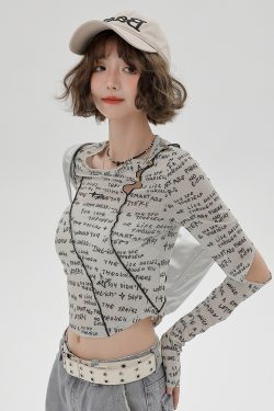 American-Style Long-Sleeve Cropped T-Shirt for Women - Sweet Cool Letter Print, Spicy Girl Fashion, 2024 Trendy Look
