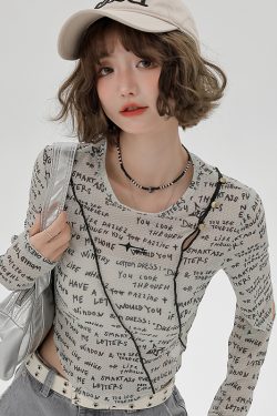 American-Style Long-Sleeve Cropped T-Shirt for Women - Sweet Cool Letter Print, Spicy Girl Fashion, 2024 Trendy Look