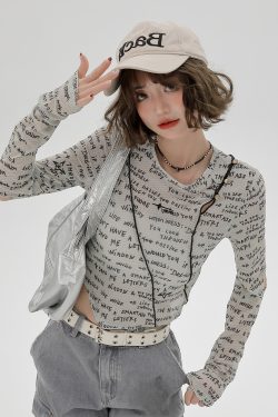 American-Style Long-Sleeve Cropped T-Shirt for Women - Sweet Cool Letter Print, Spicy Girl Fashion, 2024 Trendy Look