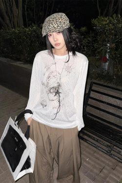 American Style Long Sleeve T-Shirt for Women, Summer Shell Print, Sheer Sun Protection Cover-Up, Loose Fit, Trendy Couple's Top