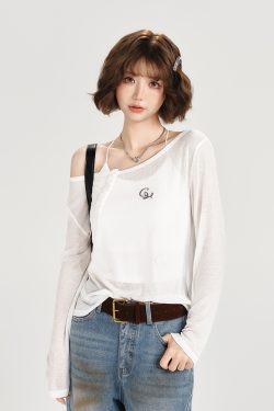 American-Style Oversized Round Neck Sheer Pullover Top for Women - Embroidered Spicy Girl Summer Fashion