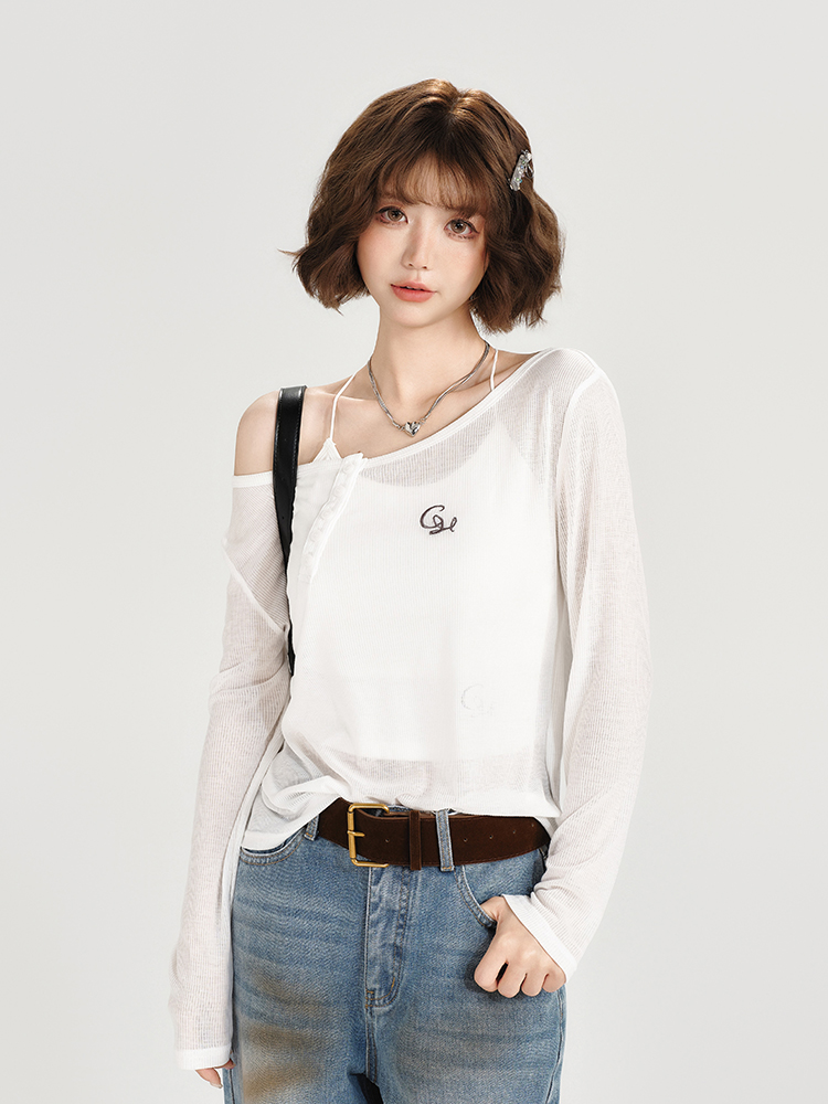 American-Style Oversized Round Neck Sheer Pullover Top for Women - Embroidered Spicy Girl Summer Fashion American-Style Oversized Round Neck Sheer Pullover Top for Women - Embroidered Spicy Girl Summer Fashion