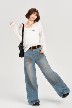 American-Style Oversized Round Neck Sheer Pullover Top for Women - Embroidered Spicy Girl Summer Fashion