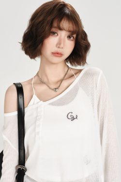 American-Style Oversized Round Neck Sheer Pullover Top for Women - Embroidered Spicy Girl Summer Fashion