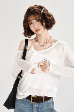 American-Style Oversized Round Neck Sheer Pullover Top for Women - Embroidered Spicy Girl Summer Fashion