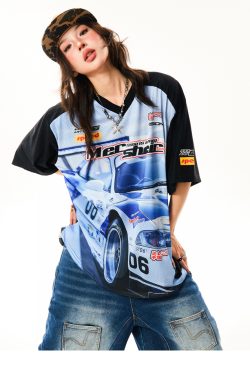 American-Style Racing Graphic V-Neck Short Sleeve T-Shirt for Women - Summer Mesh Breathable Loose Fit Jersey Top