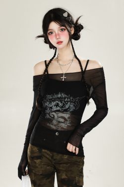 American-Style Red Off-Shoulder Mesh Cover-Up Two-Piece Set for Women - Sweet & Spicy Spring/Summer Sun Protection Long Sleeve Top