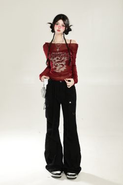 American-Style Red Off-Shoulder Mesh Cover-Up Two-Piece Set for Women - Sweet & Spicy Spring/Summer Sun Protection Long Sleeve Top